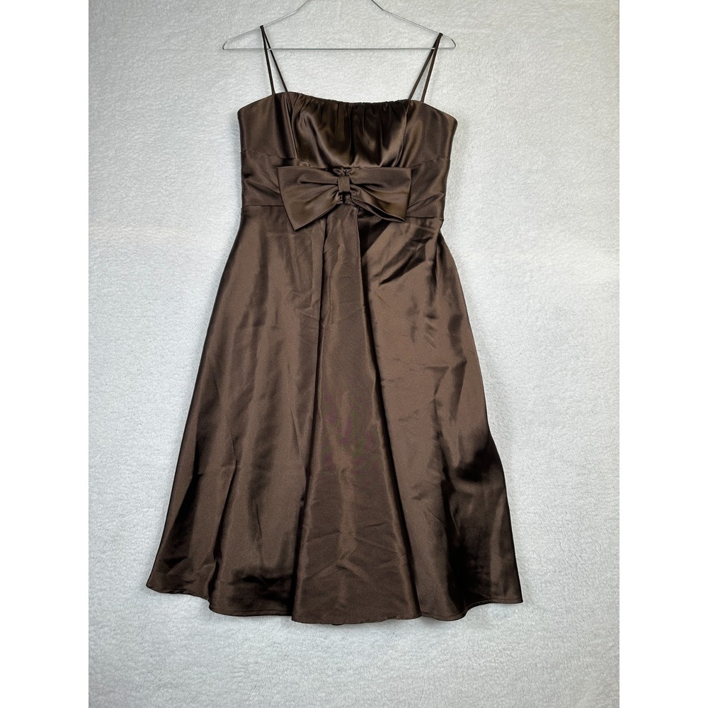 Vintage Jessica Mcclintock Brown Satin Flair Cocktail Bow Strap Dress Size: 6